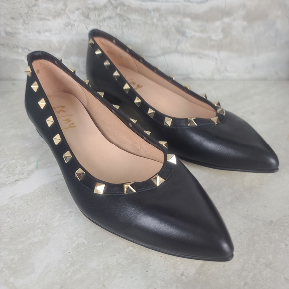 French Sole NY | LIRON Classic Black Leather Gold Studded Ballet Flats Shoes 8.5 - Picture 2 of 14